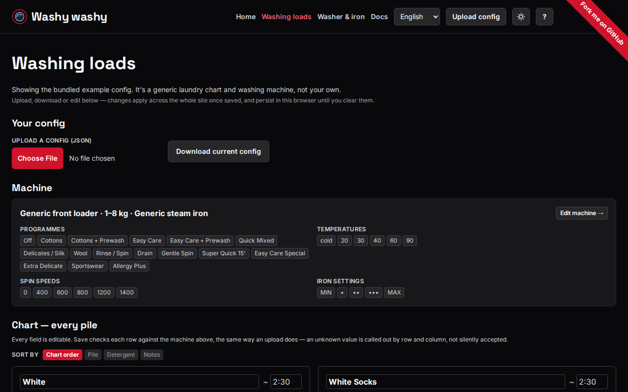 The config page: read-only machine summary, upload/download controls, and every pile as an editable card