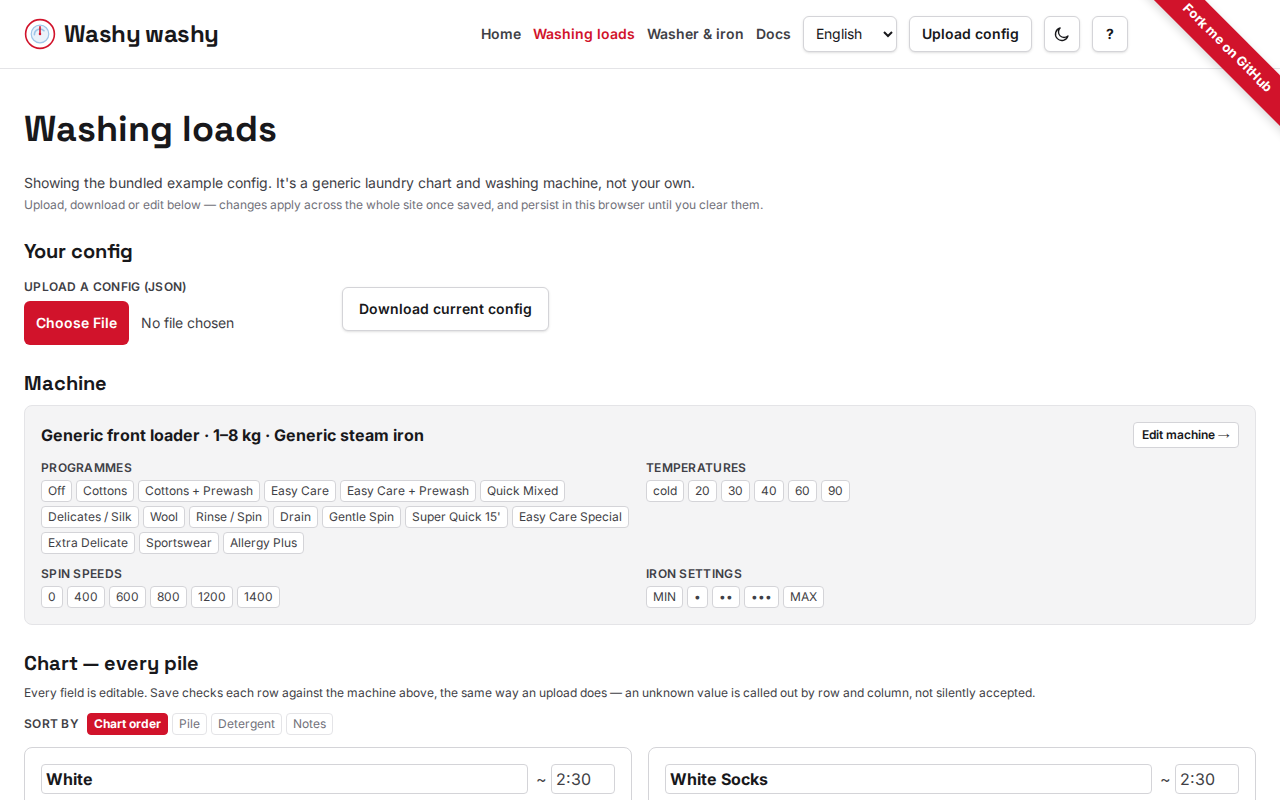 The config page: read-only machine summary, upload/download controls, and every pile as an editable card