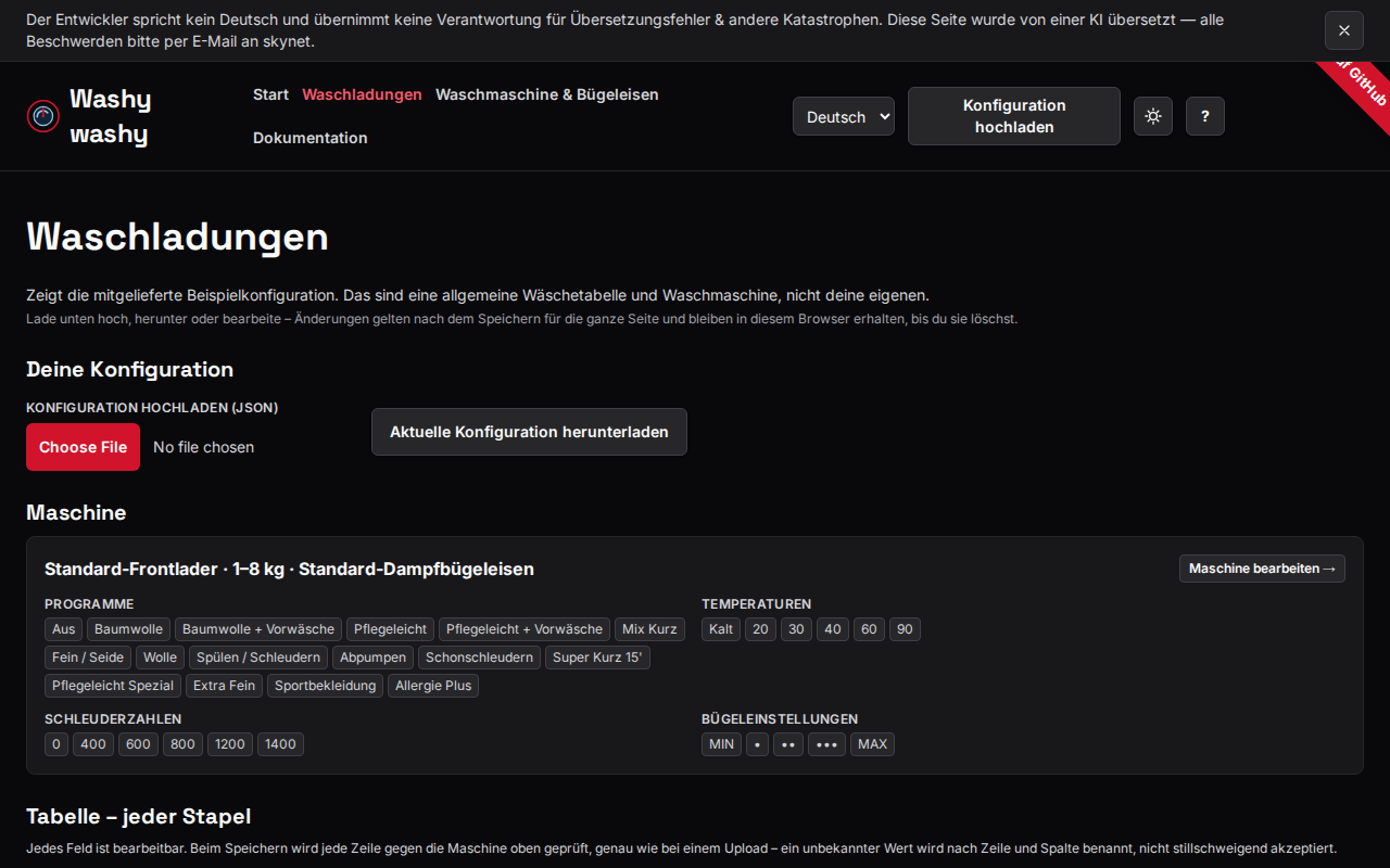 Die Konfigurationsseite: schreibgeschützte Maschinenübersicht, Upload/Download-Steuerelemente und jeder Stapel als bearbeitbare Karte