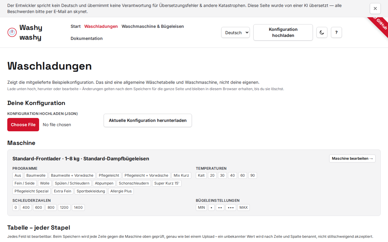 Die Konfigurationsseite: schreibgeschützte Maschinenübersicht, Upload/Download-Steuerelemente und jeder Stapel als bearbeitbare Karte