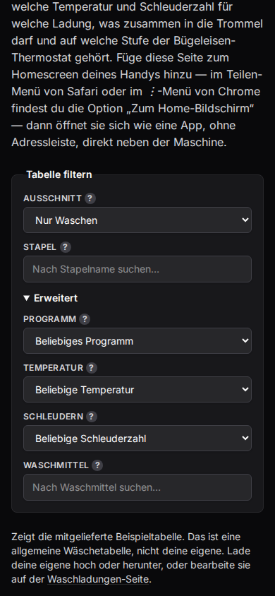 Die geöffneten Advanced-Filter mit ausgewählter Option 'nur Waschen'