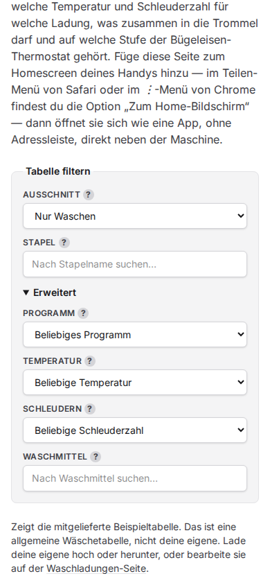 Die geöffneten Advanced-Filter mit ausgewählter Option 'nur Waschen'