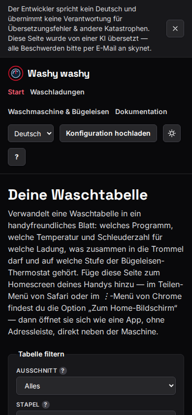 Die Startseite: eine Wäschetabelle mit Filtern nach Ansicht und Stapel und einem Button zum Herunterladen des gesamten Blatts als PDF