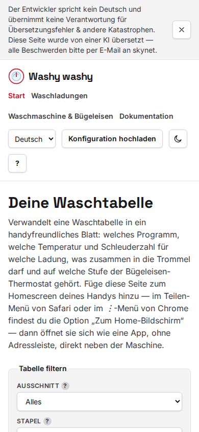 Die Startseite: eine Wäschetabelle mit Filtern nach Ansicht und Stapel und einem Button zum Herunterladen des gesamten Blatts als PDF