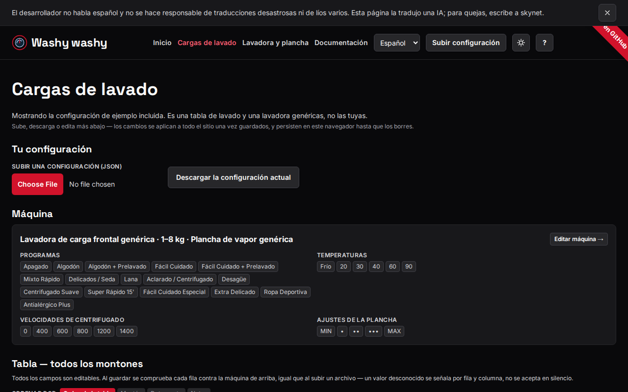 La página de configuración: resumen de máquina de solo lectura, controles de subida/descarga, y cada montón como una tarjeta editable