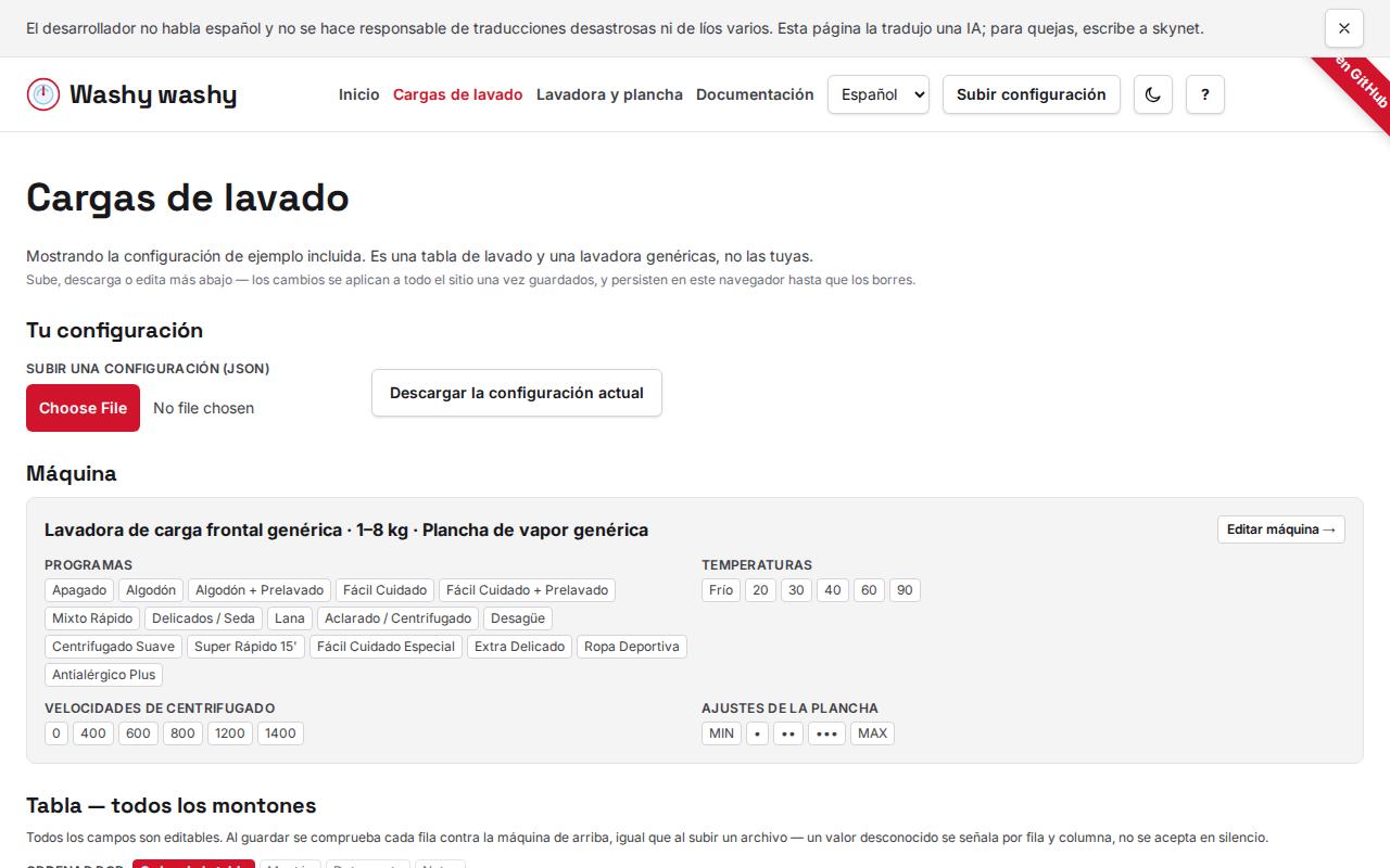La página de configuración: resumen de máquina de solo lectura, controles de subida/descarga, y cada montón como una tarjeta editable