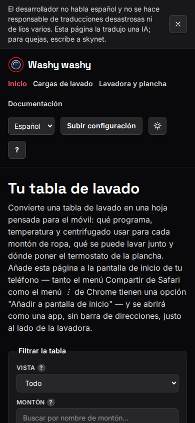 La página principal: una guía de lavado con filtros de corte y montón, y un botón para descargar toda la hoja como PDF
