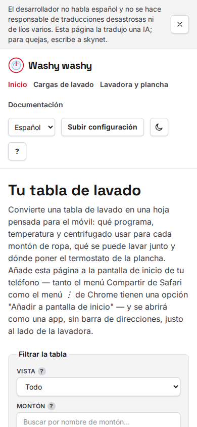 La página principal: una guía de lavado con filtros de corte y montón, y un botón para descargar toda la hoja como PDF