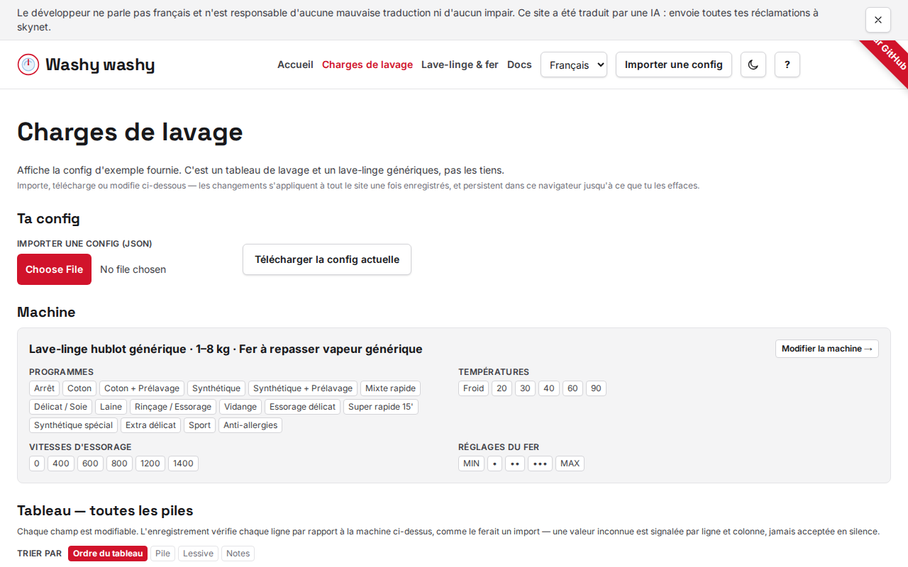 La page de configuration : résumé de la machine en lecture seule, contrôles d'import/export, et chaque tas sous forme de carte modifiable