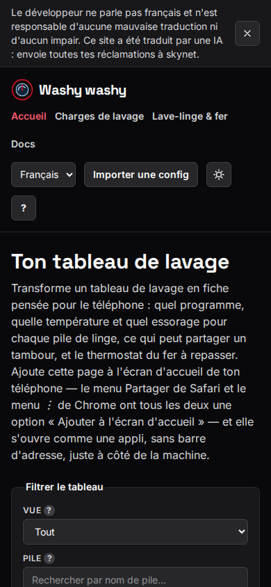 La page d'accueil : une grille de lavage avec des filtres de coupe et de tas, et un bouton pour télécharger toute la feuille en PDF