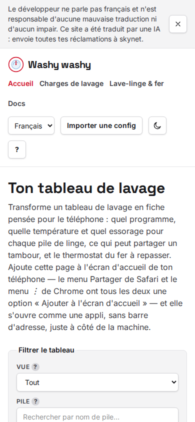 La page d'accueil : une grille de lavage avec des filtres de coupe et de tas, et un bouton pour télécharger toute la feuille en PDF