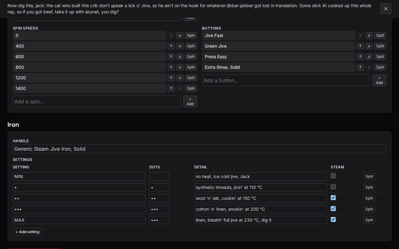 De machine editor's spin speeds, buttons 'n iron settings table, laid out solid