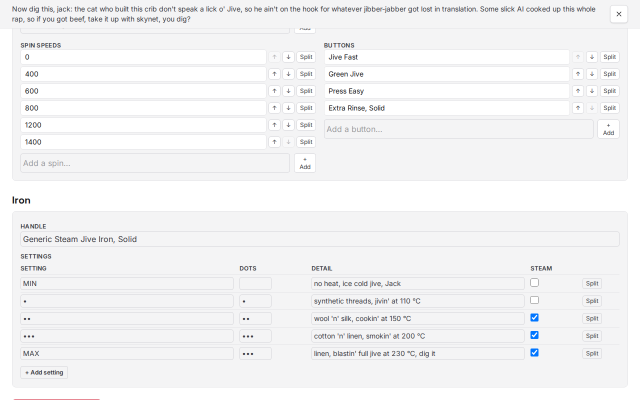 De machine editor's spin speeds, buttons 'n iron settings table, laid out solid