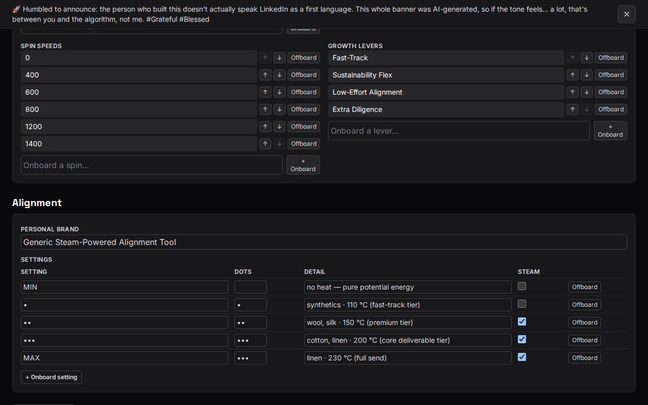 The machine editor's spin speeds, buttons and iron settings table