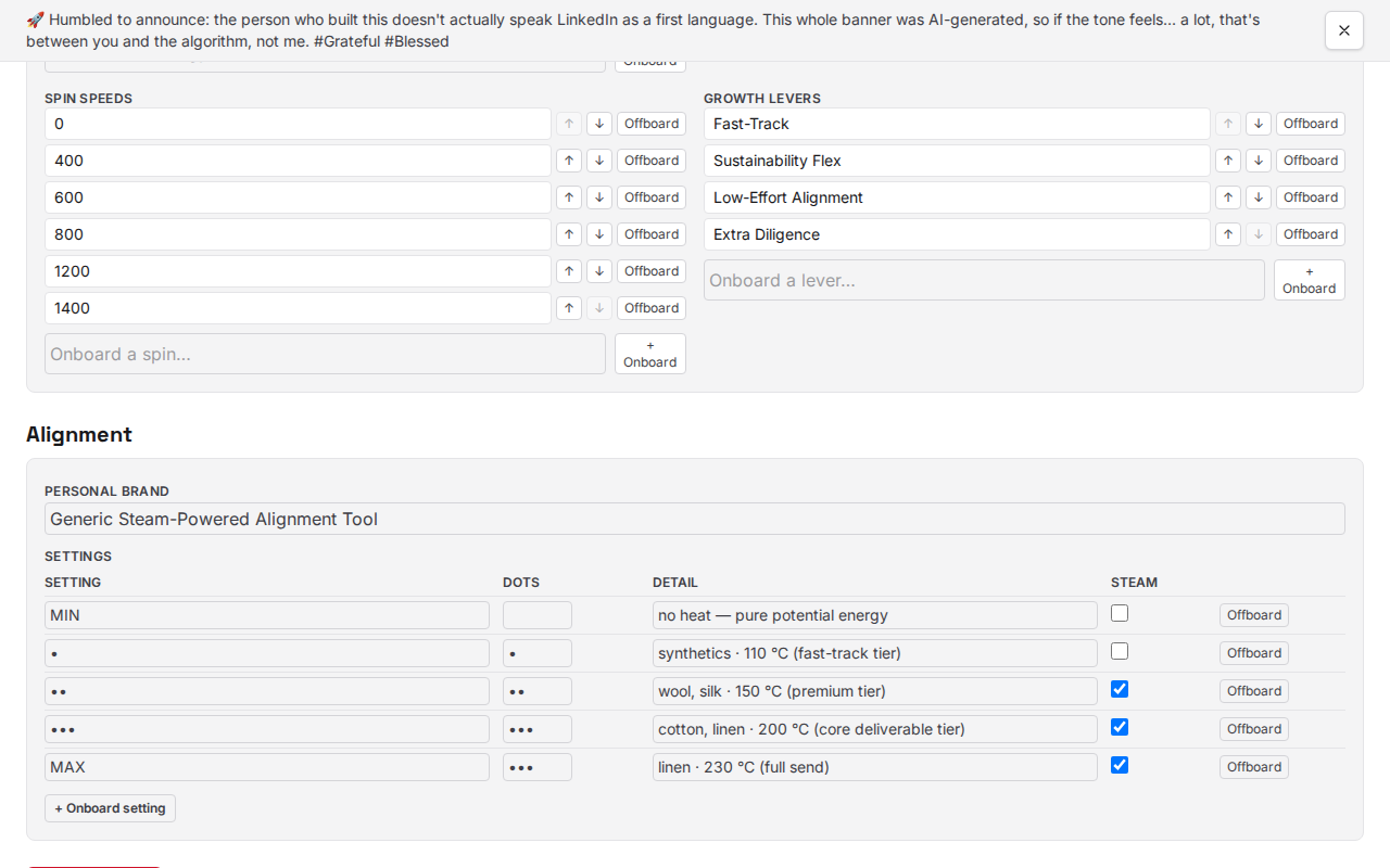 The machine editor's spin speeds, buttons and iron settings table