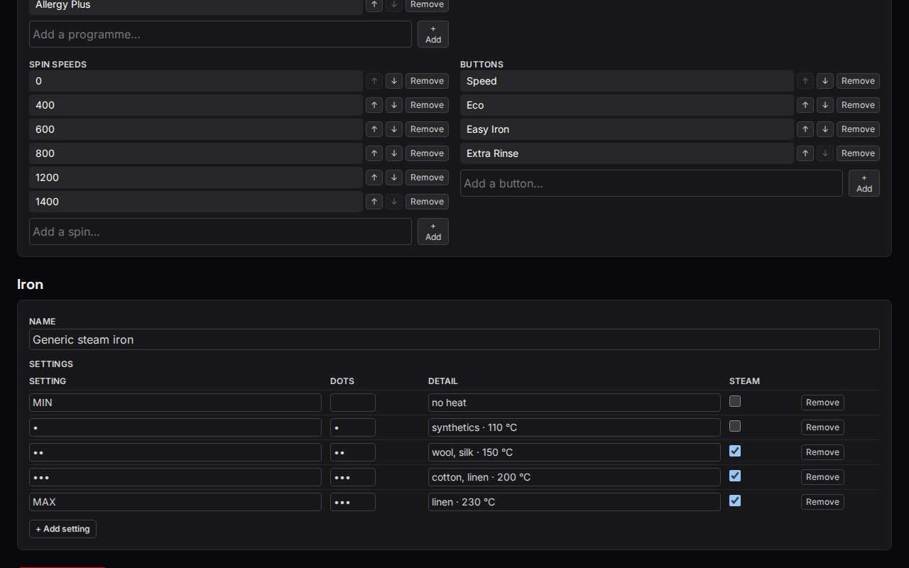 The machine editor's spin speeds, buttons and iron settings table