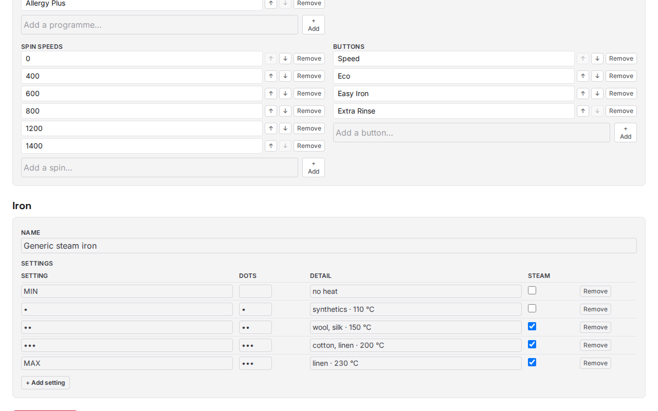 The machine editor's spin speeds, buttons and iron settings table