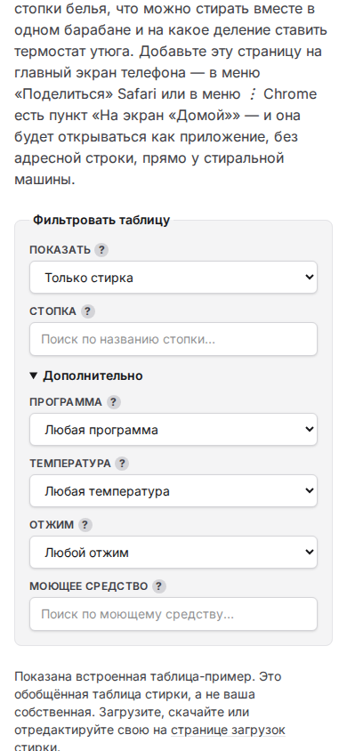 Открытые дополнительные фильтры с выбранным вариантом «только стирка»