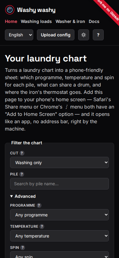 The Advanced filters open, with washing-only selected