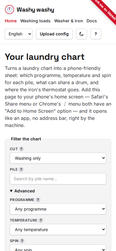 The Advanced filters open, with washing-only selected