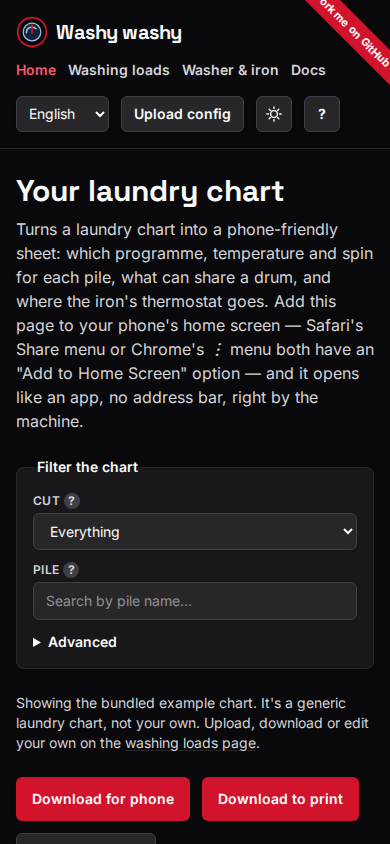 The front page: a laundry chart with cut and pile filters, and a button to download the whole sheet as a PDF