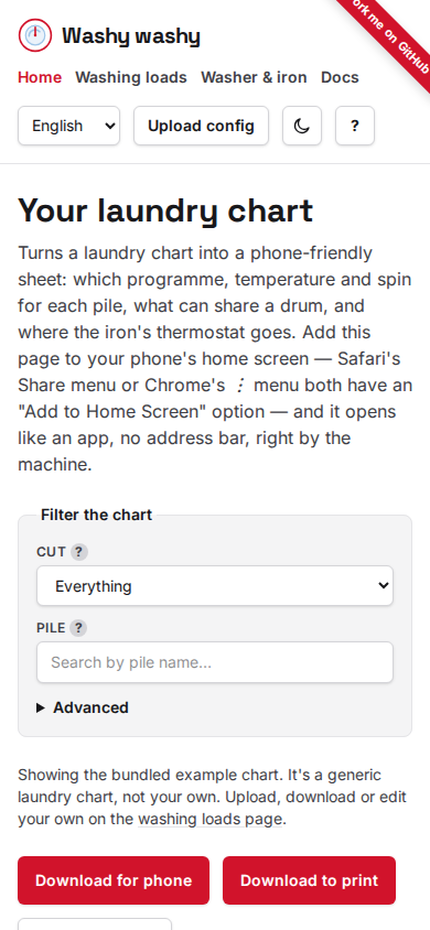 The front page: a laundry chart with cut and pile filters, and a button to download the whole sheet as a PDF